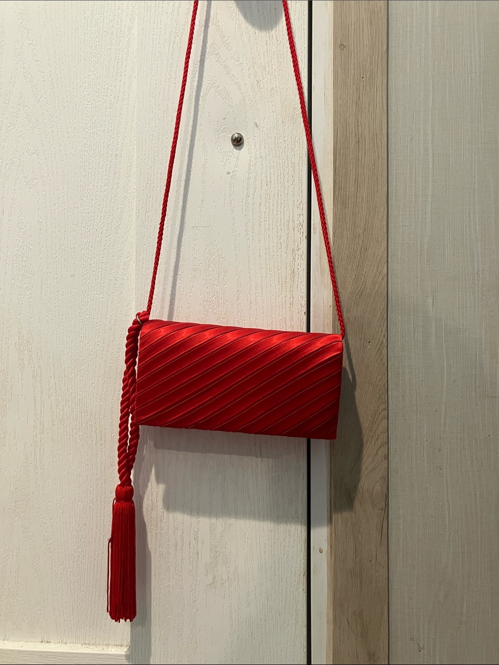 Red Satin Diagonal-Detail Evening Clutch with Tassel